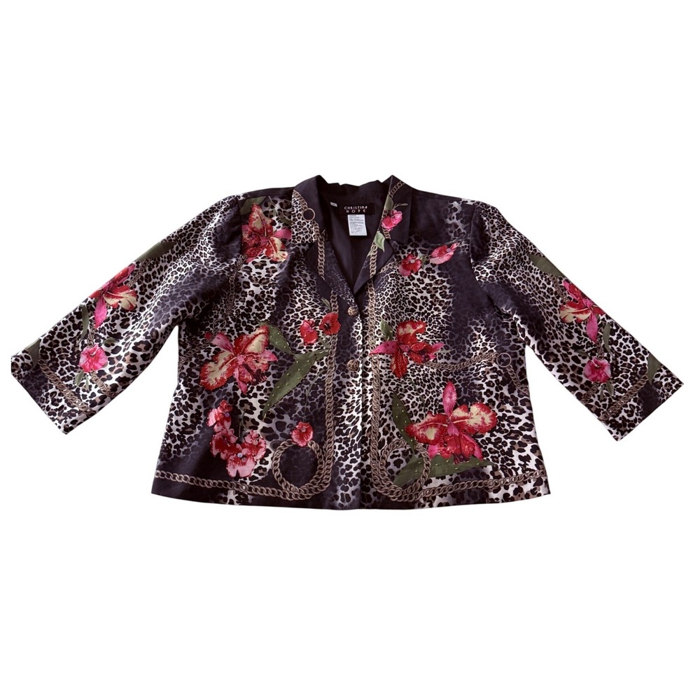Christina Hope Silk Leopard Floral Beaded‎ Jacket Black Pink Chain Print Size XL